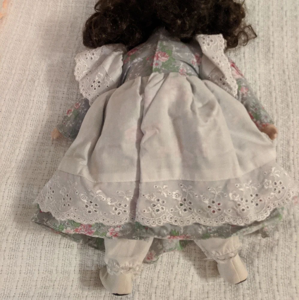 Doll Vintage Porcelain With Soft Body Dark Curly Hair